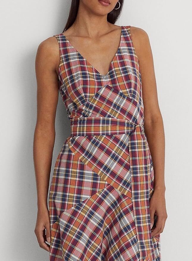 Lauren Ralph Lauren Belted Cotton Madras S Burgundynavy Multi 0 2 4 8 10 16 18