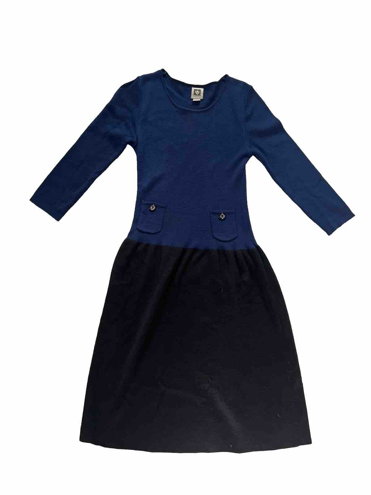 Navy/Black Anne Klein Knitted Dress Sz S W/button Detail-Acrylic/Wool(13%)Blend