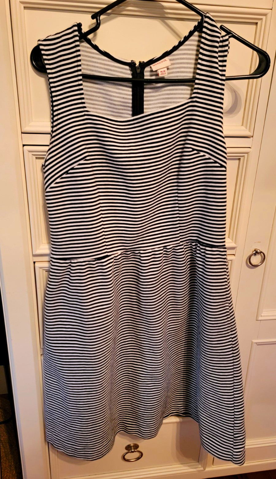 Merona White Black Striped Knit Fit & Flare Scoop Neck Sleeveless Knee Dress M