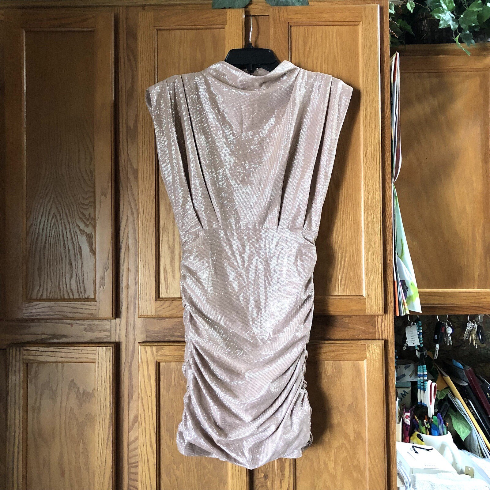 Line & Dot Women’s High Neck Ruched Sleeveless Bodycon Mini Dress Champagne XS