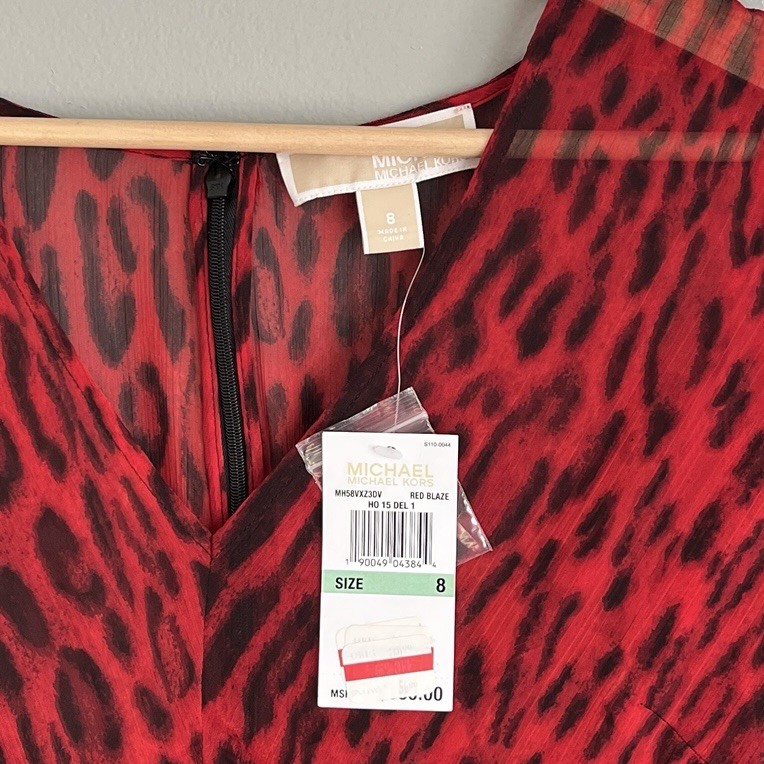 Michael Kors Leopard Print Georgette Mini Dress Red Blaze Long Sleeve 8 NWT