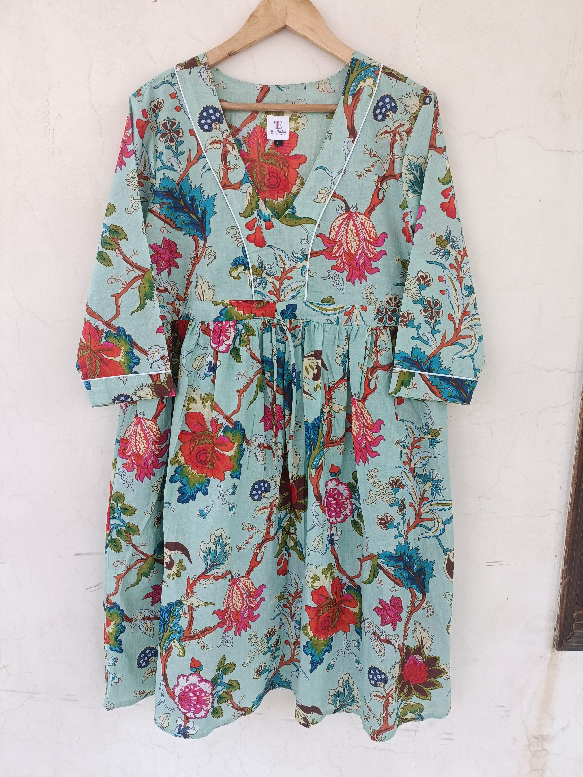 Cotton Dress Summer Dress V Neck Dress Block Print Dress Casual Dress for Women