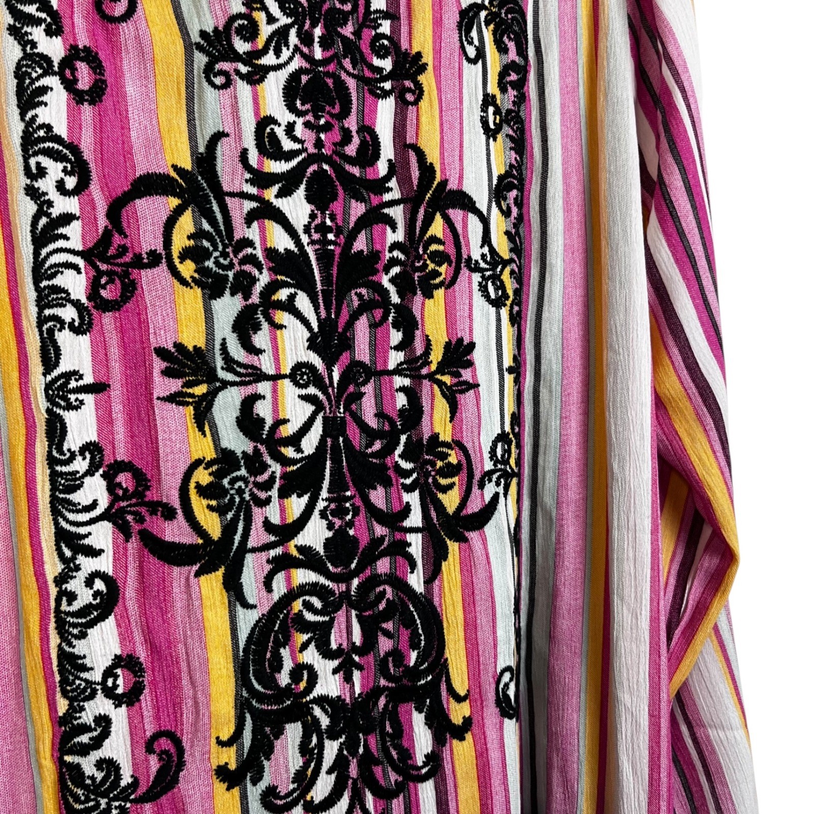 Savanna Jane XL Striped Embroidered Maxi Shirt Dress Pink Yellow Boho M93084
