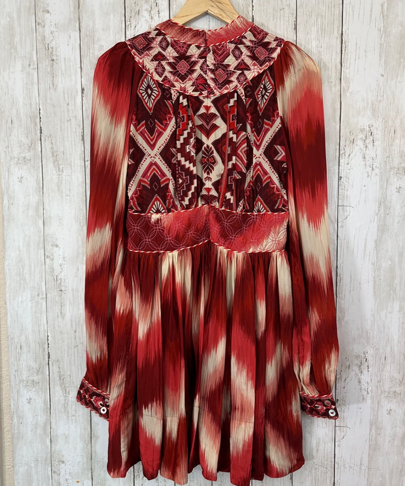 Farm Rio Ikat Boho Quilted Embroidery Puff Sleeve Mini Dress Size S Festival 70s
