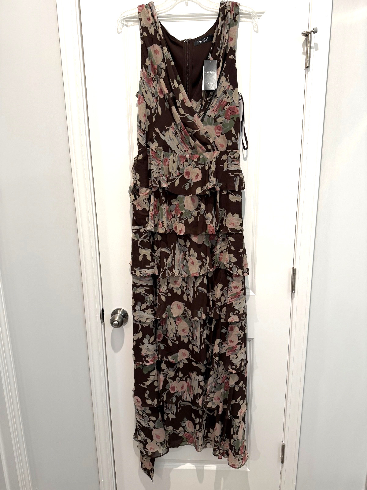 Ralph Lauren Floral Tiered Gown Size 16 Shirred Ruffled 59″ Long