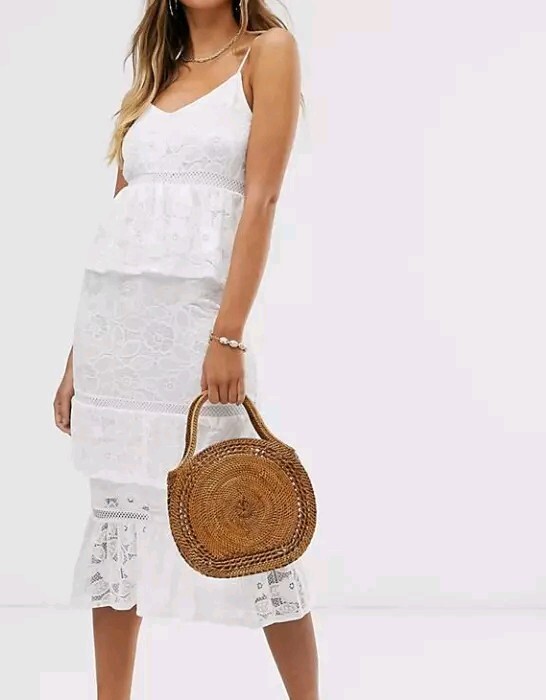 NWOT $98 VILA Videlema beautiful white XS lace tiered cami strap midi dress