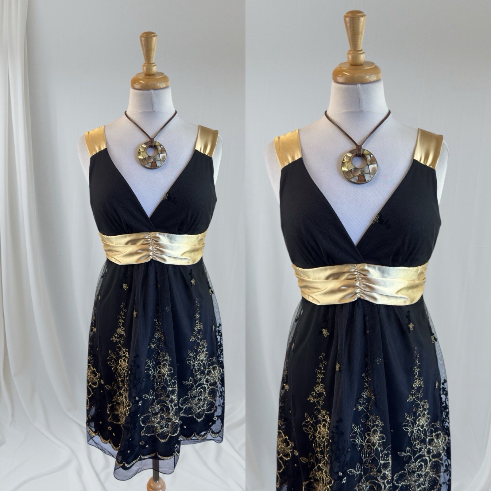 Black Velvet Mesh Gown Gold Fairy Whimsy Goth 90s Glam Flowers Ethereal Dreamy L