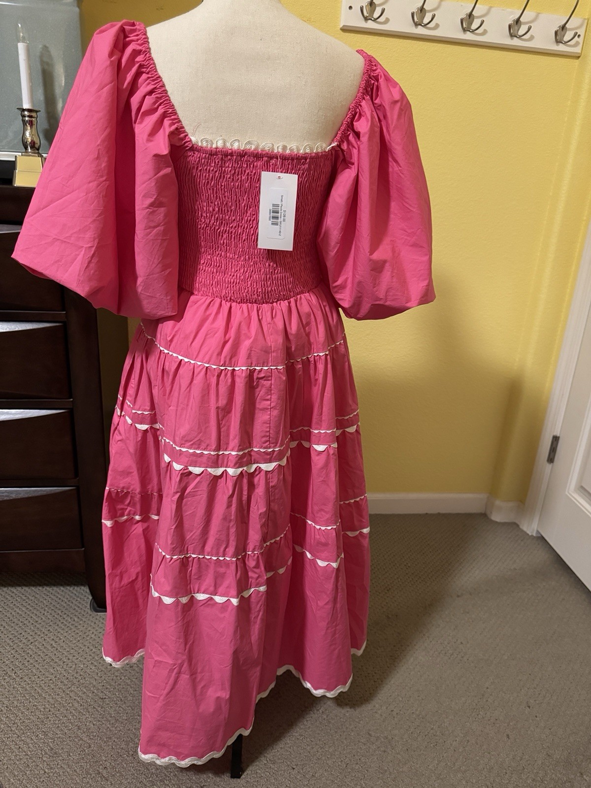 Pink tiered midi dress smocked bodice scalloped piping ric rac trim NWT Size S