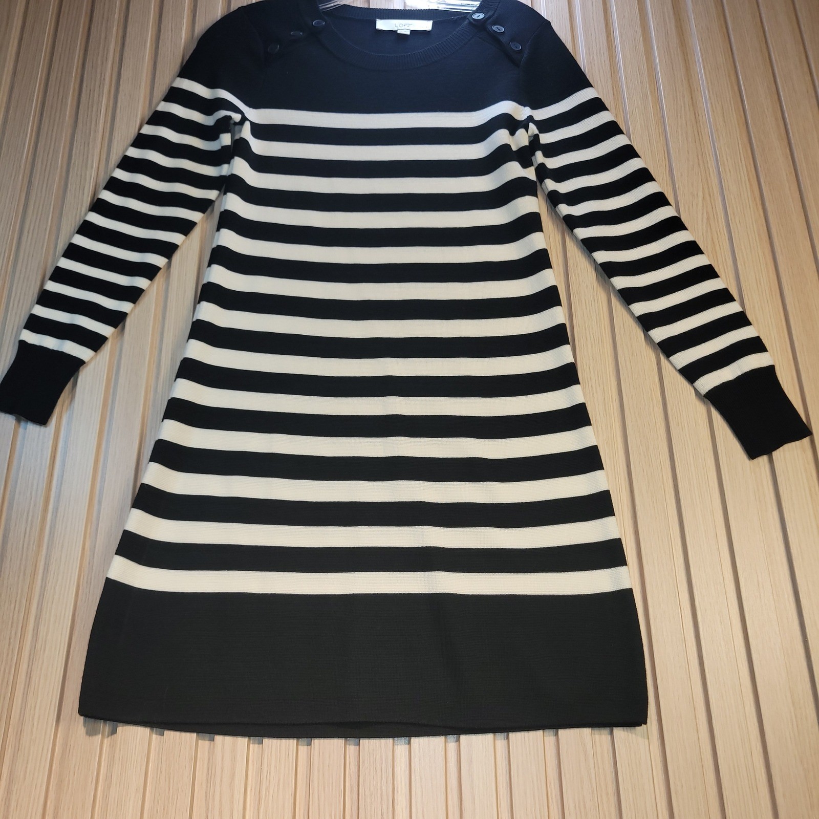 LOFT Ann Taylor Striped Sweater Dress Black White Button Shoulder Petite XSP