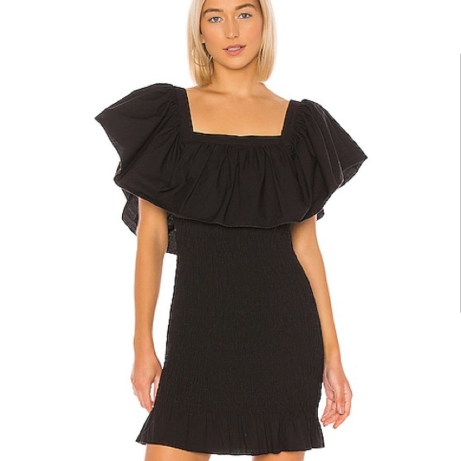 SOLID & STRIPED Smocked Ruffle Dress in Black Poplin NWT