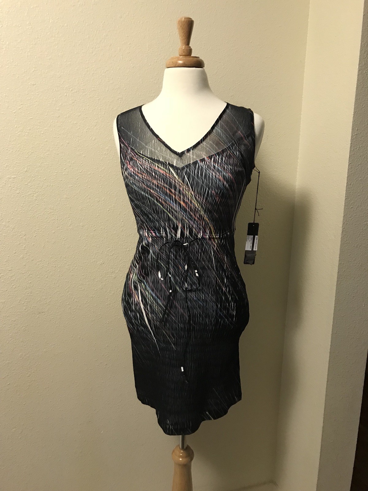 Komarov Medium Mesh Trim Drawstring Dress Black Printed Pockets Women’s NWT $184