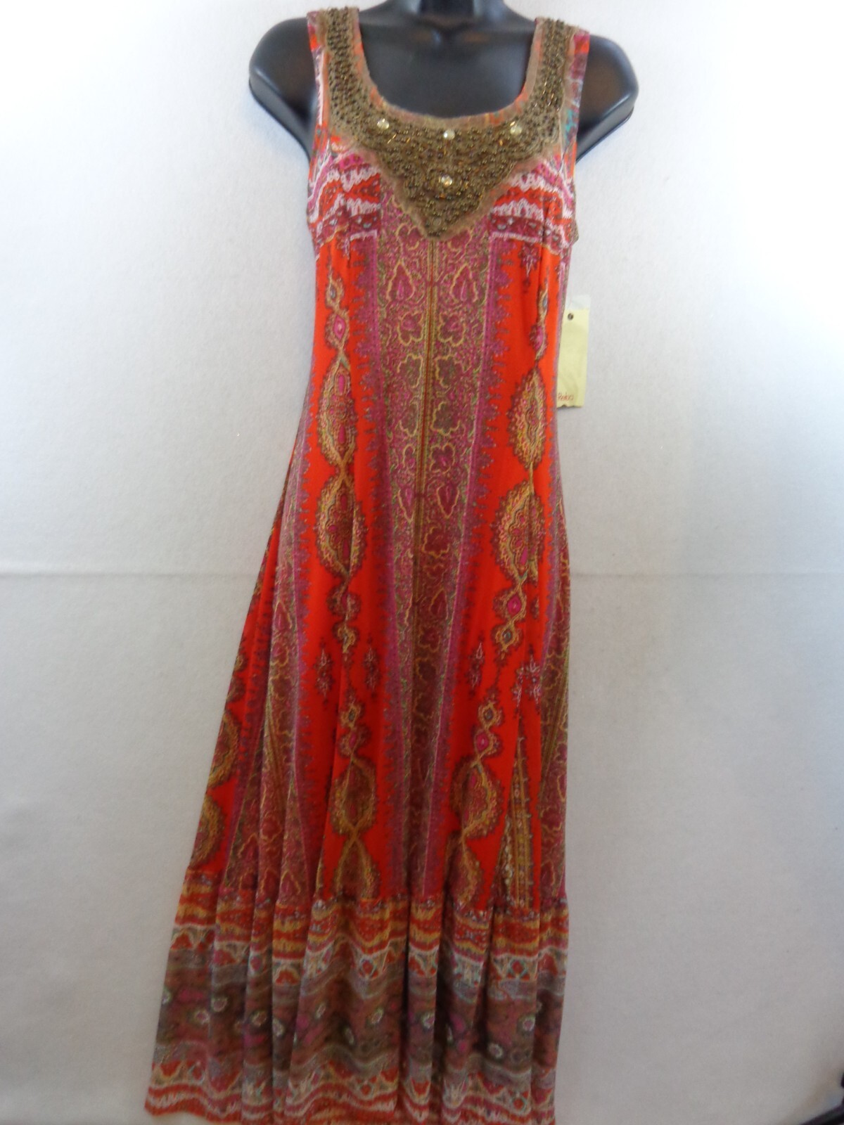 Reba Dress Women’s S Red Brown Bead Embellished Sleeveless Maxi New With Tags