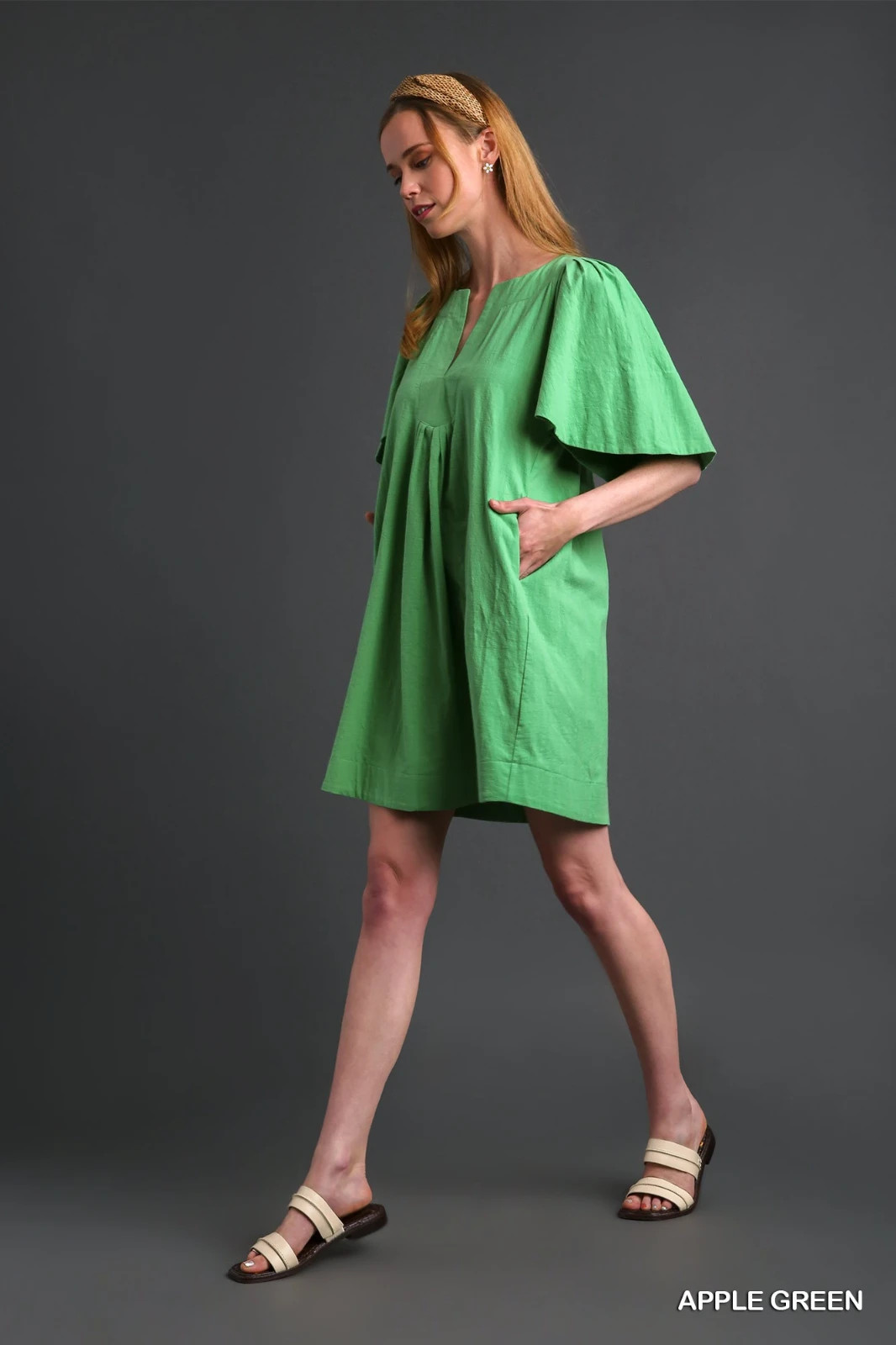 Umgee Apple Green Cotton Short Dress Split V Neck & Short Tulip Sleeves