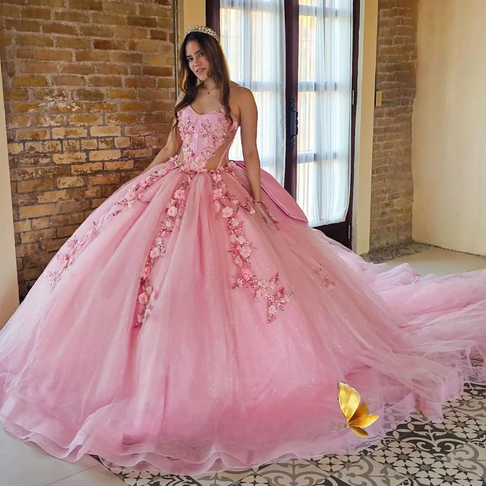 Tulle Quinceanera Dresses 15 Ans Sweetheart Illusion Corset Appliques Bowknot
