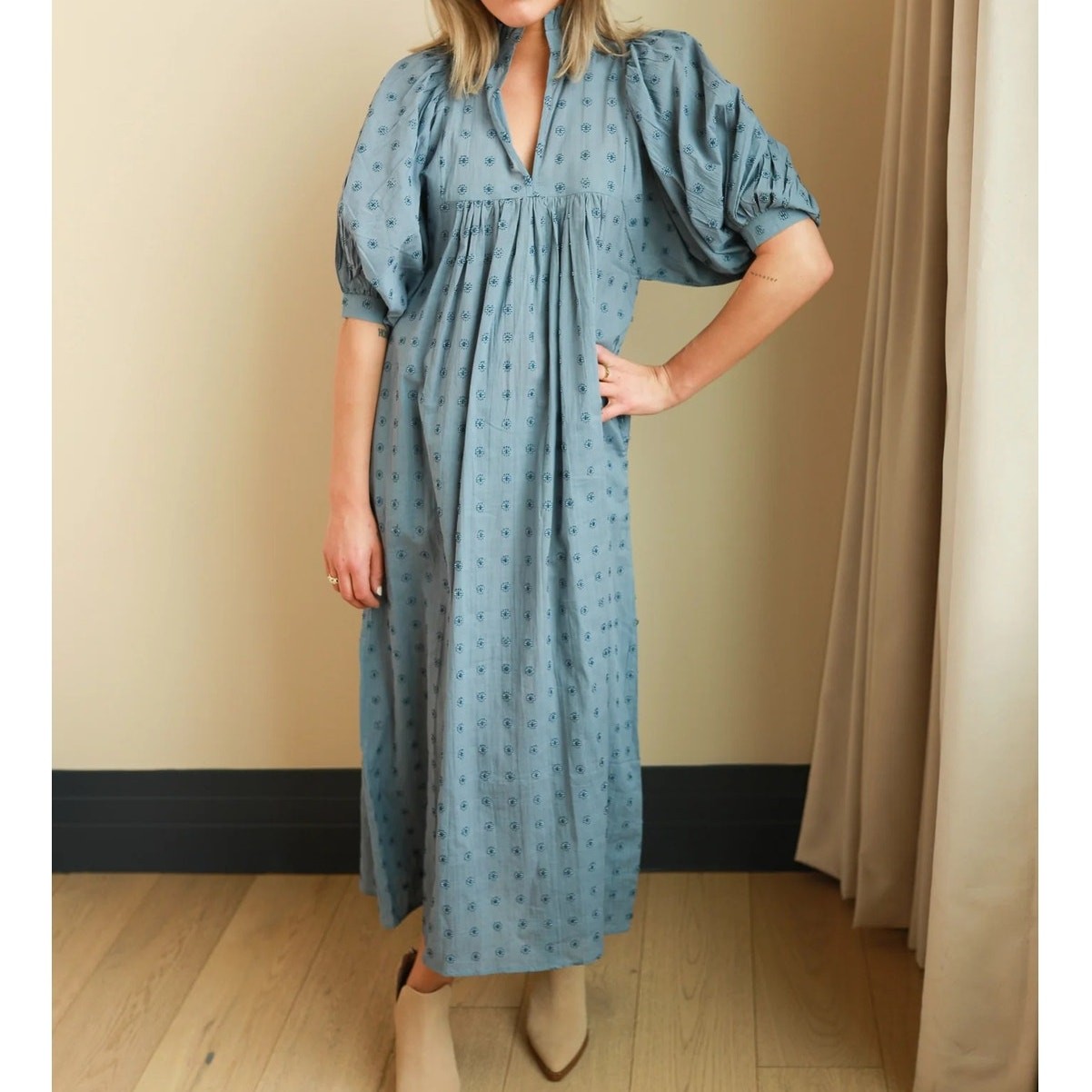 NEVER A WALLFLOWER High Neck Midi Dress Blue Cross Hatch Puff Sleeve Women’s XS