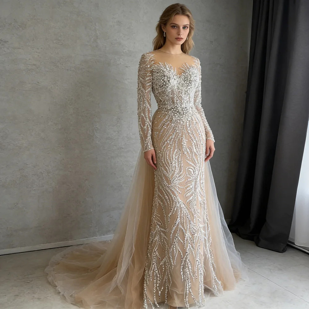 Illusion Neck Long Sleeve Beaded Mermaid Tulle Overskirt Evening Gown Train
