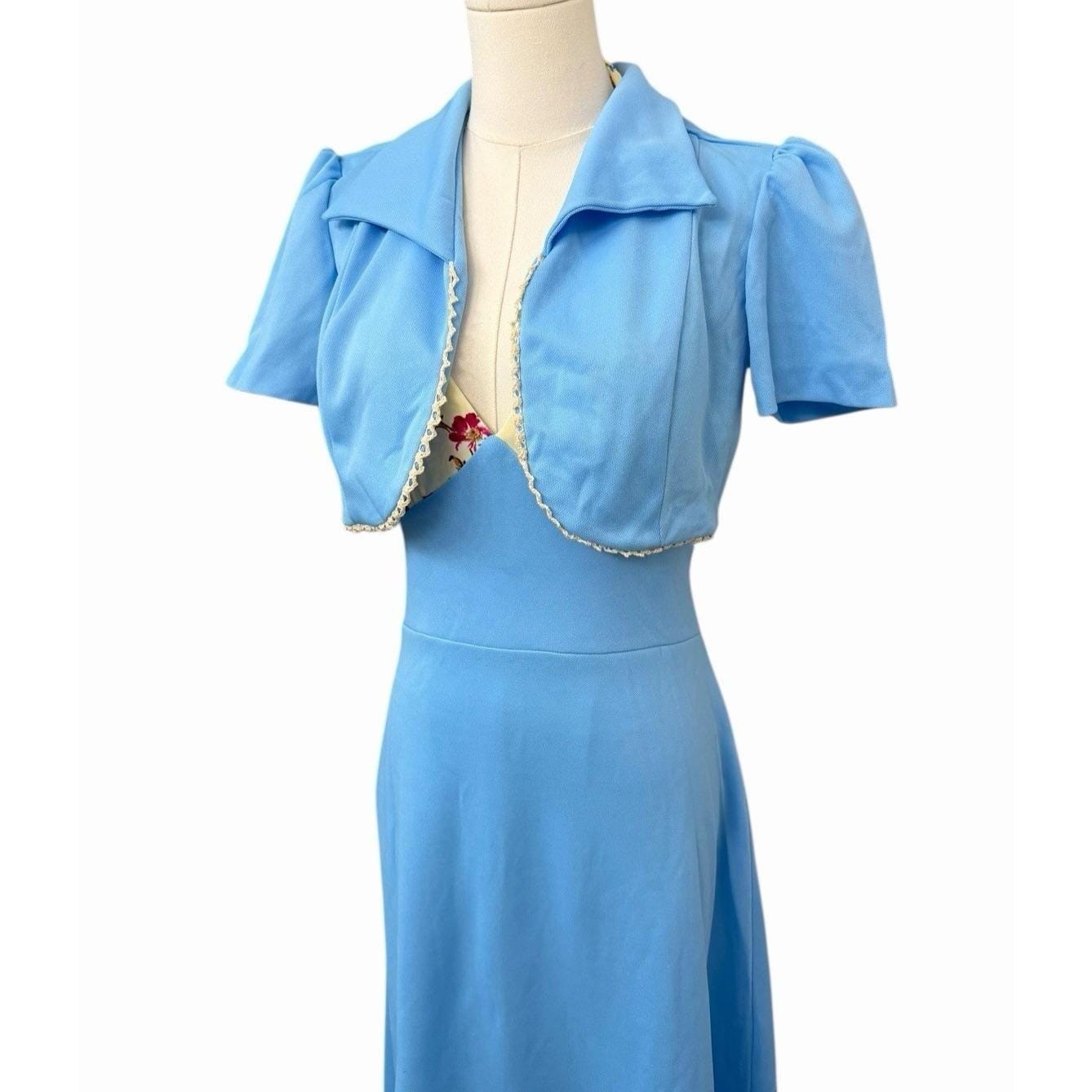 Vintage Halter Maxi Dress Jacket Set Blue Floral Formal Size 13 MCM 70s
