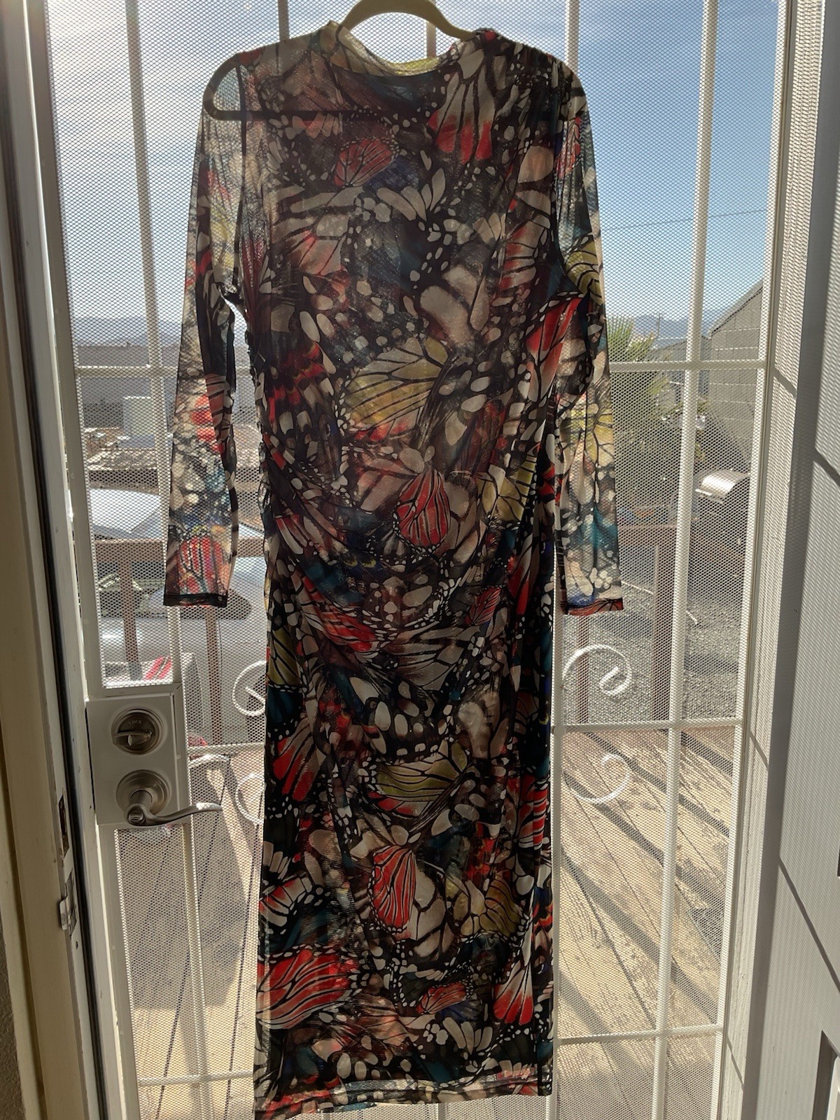 NWT ($90) ASHLEY GRAHAM Sz 0X Butterfly AOP Bodycon Semi-Sheer Lined Maxi Dress