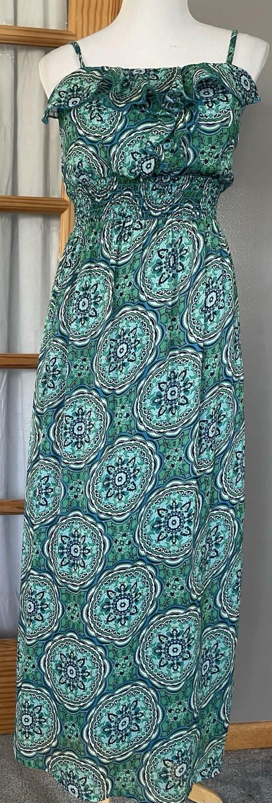 Y2K Faded Glory Floral Maxi Dress Womens Sz S Green Smocked Ruffles Peasant Boho