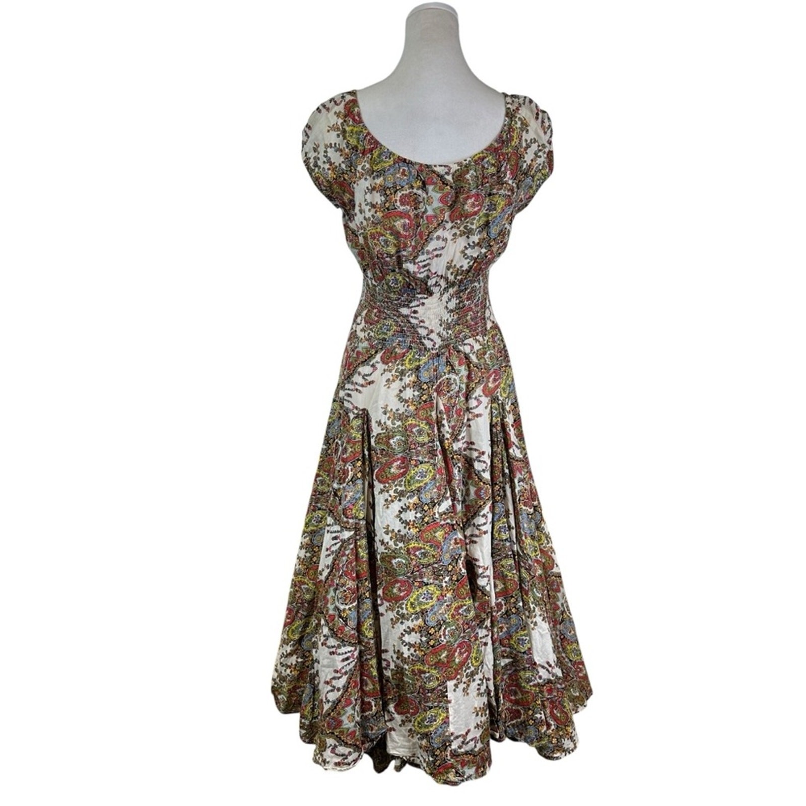 Grace Paisley Cotton Bohemian Peasant Dress Smocked Waist Size Medium