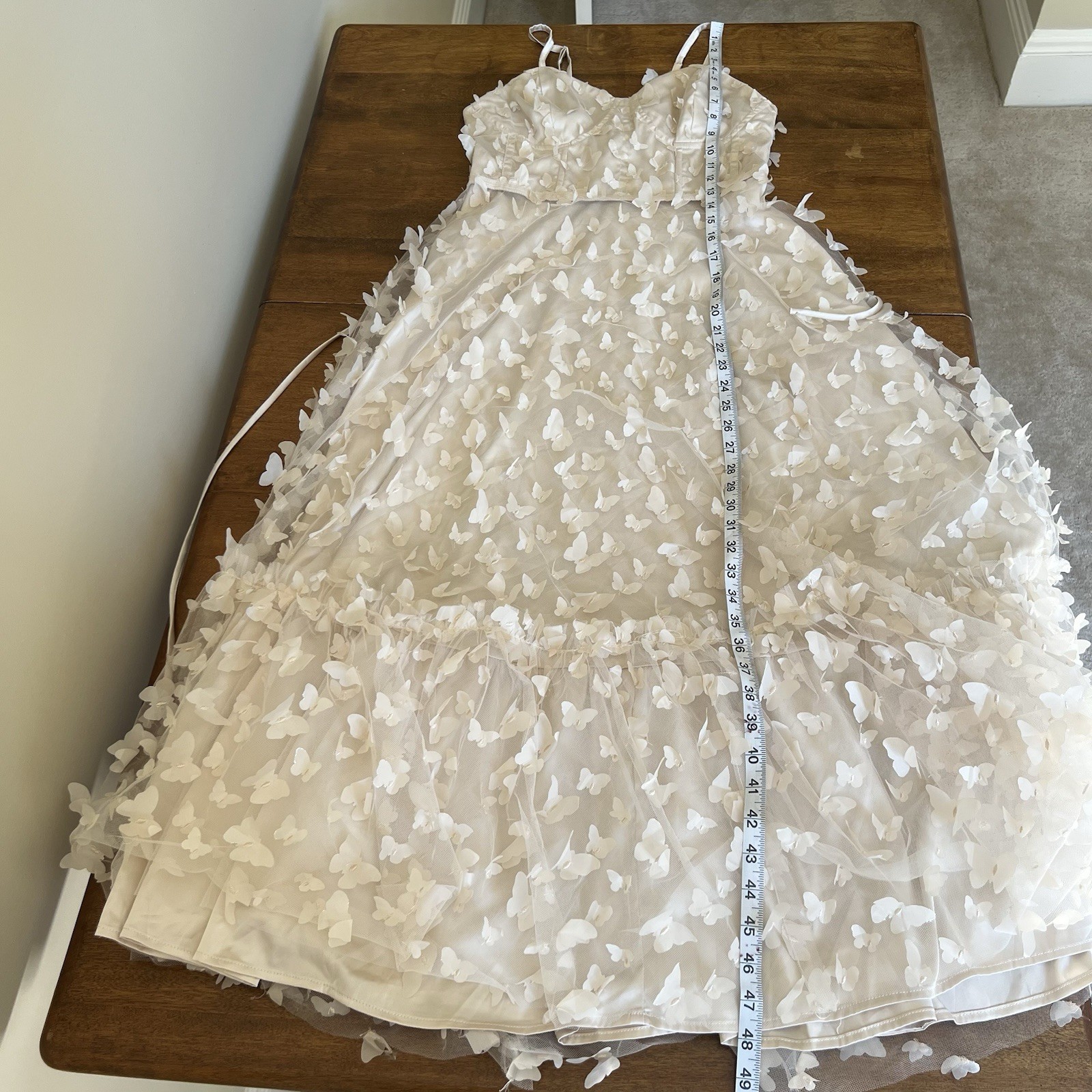 Butterfly Applique Lace Up Corset Midi Dress Cream Romantic Sz L Off White Tulle