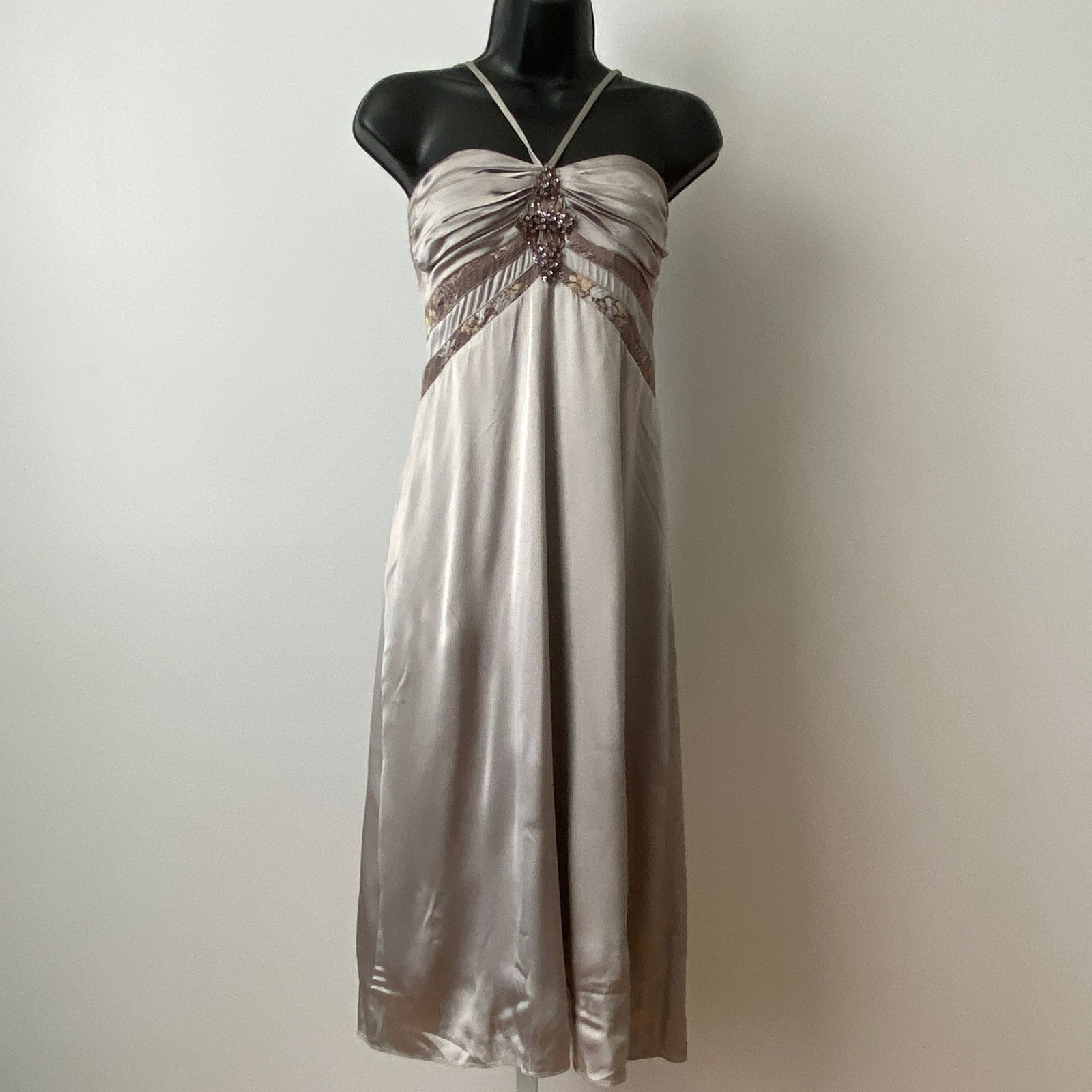 Y2k Maria Bianca Nero M Champagne VTG Fairy Halter Midi Dress Beaded Lace Trim