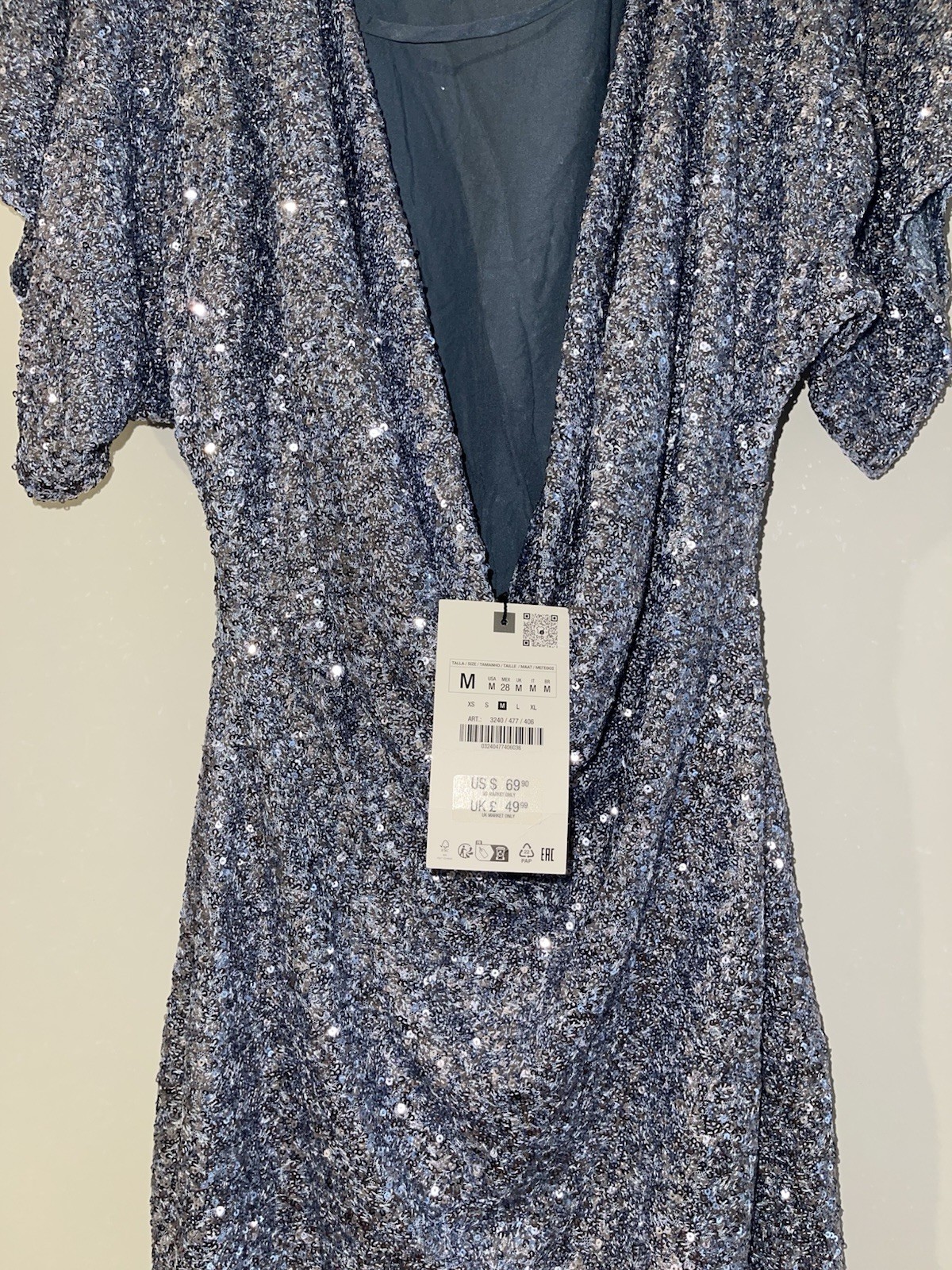 ZARA BLUE GREY SEQUINNED MINI DRESS WITH FLOWING AT BACK NECKLINE SIZE M BNWT