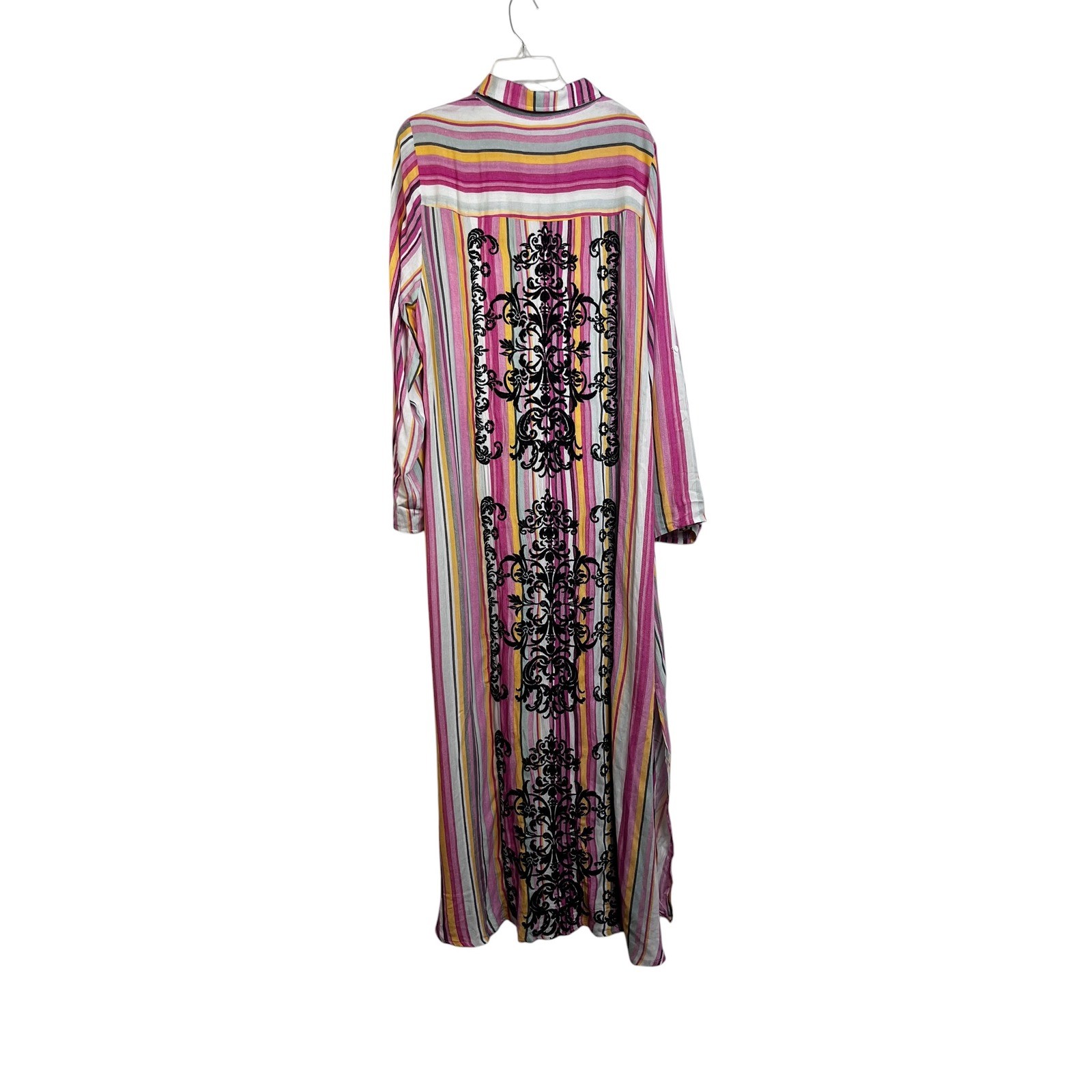 Savanna Jane XL Striped Embroidered Maxi Shirt Dress Pink Yellow Boho M93084
