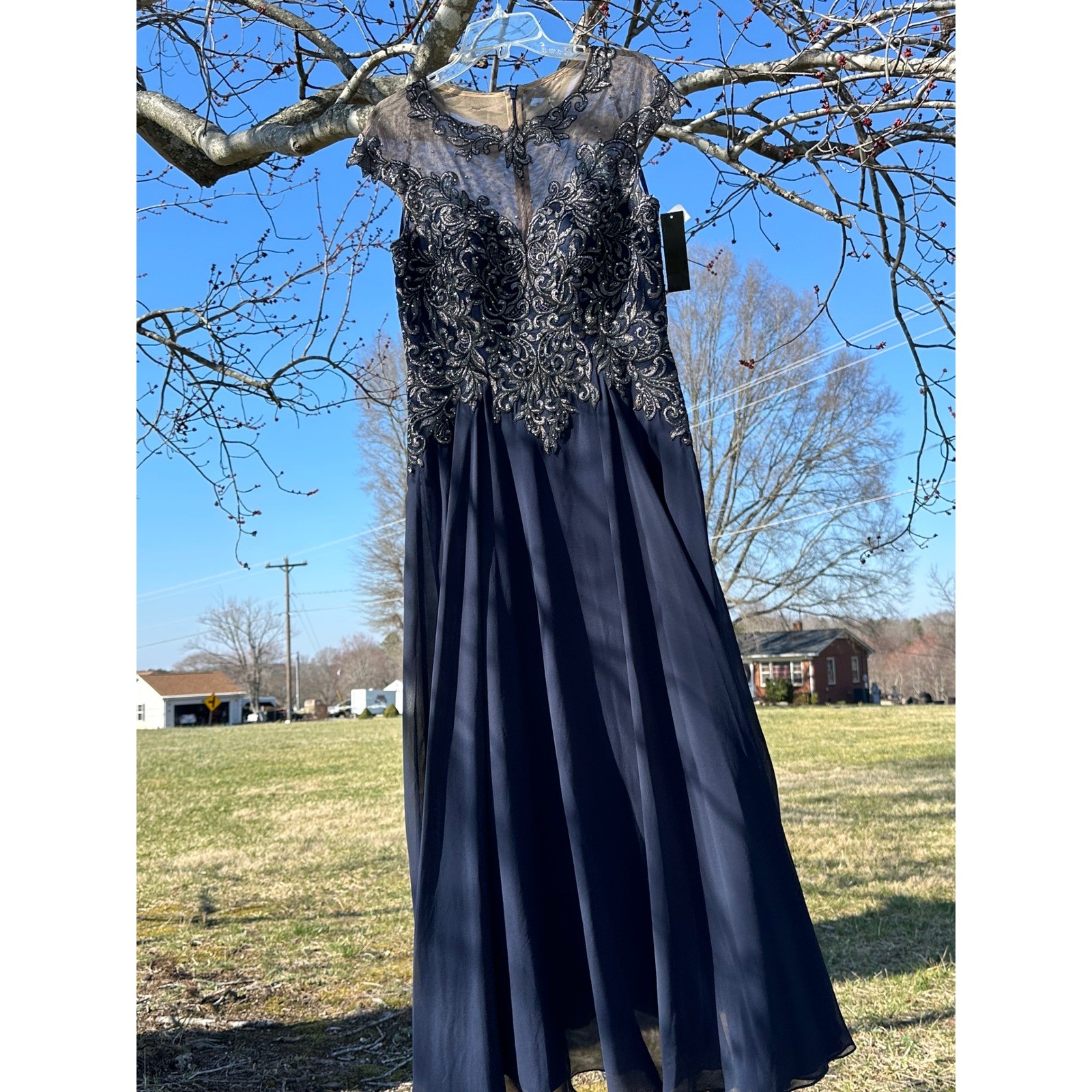 Xscape Navy Blue Silver Embroidered Rhinestone Chiffon Gown Dress 4202X Size 10