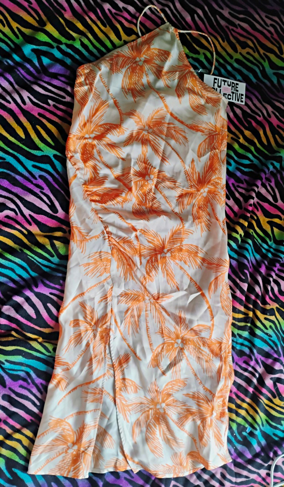 Future Collective White/Orange Palm Tree Halter Slip Midi Dress Womens L