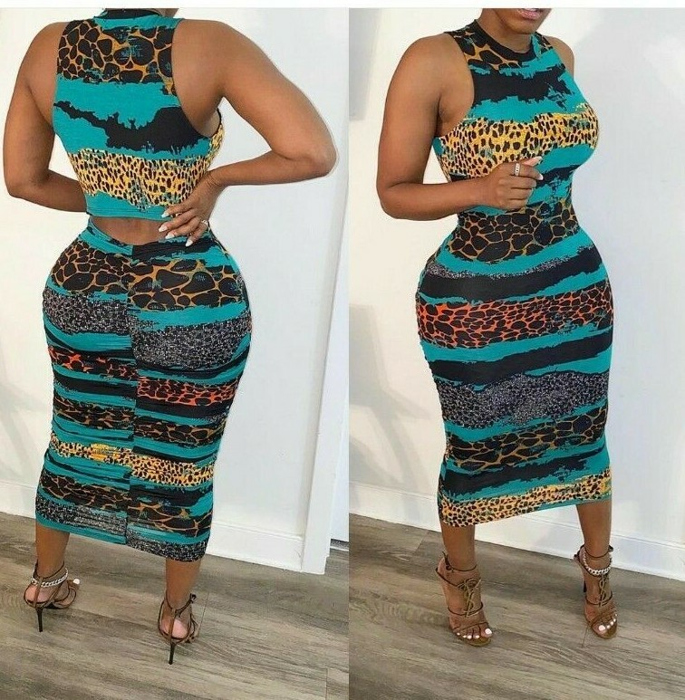 Women Print Bodycon Pencil Dress Summer Holiday Beach Scoop Neck Sundress Party