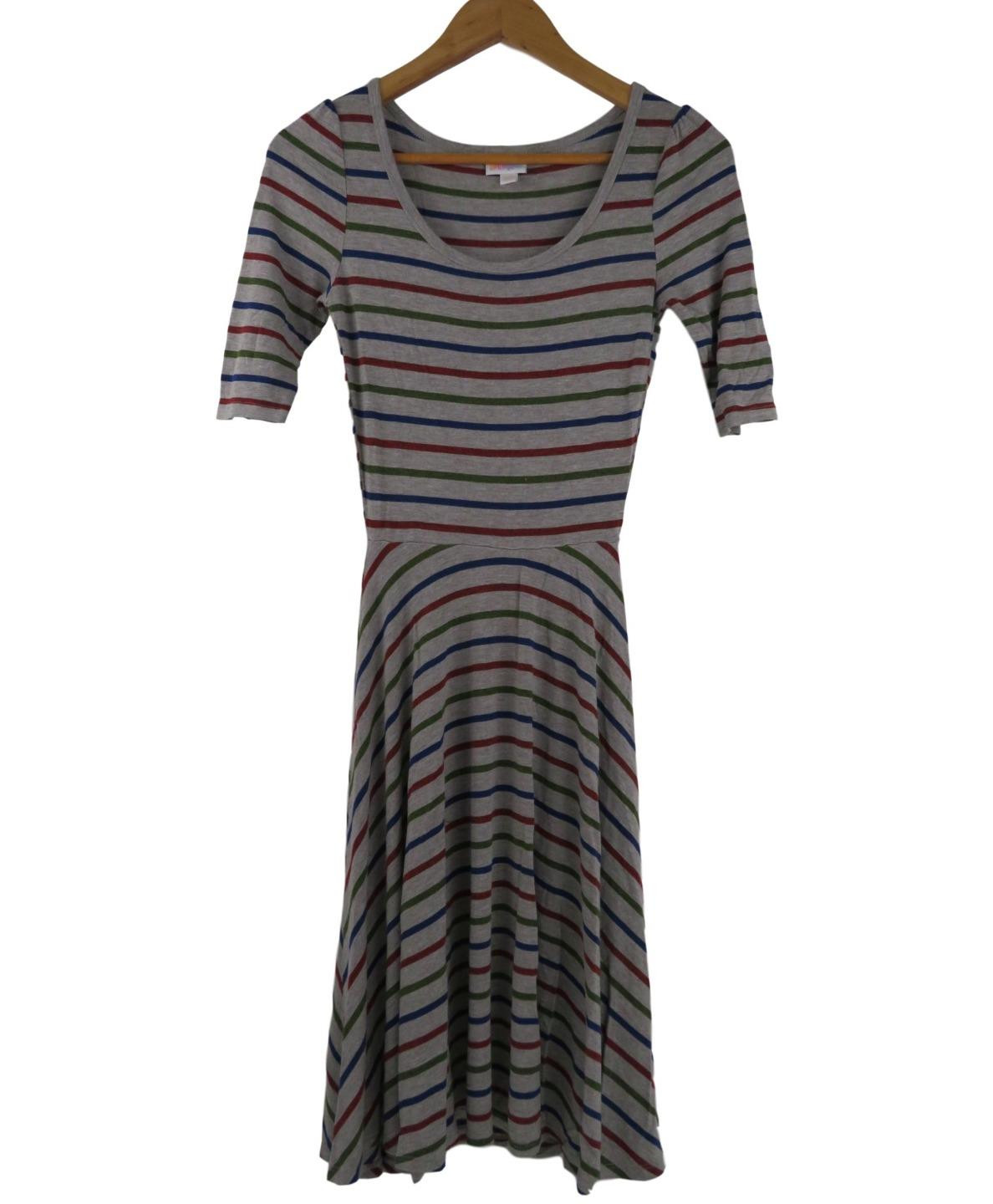 LuLaRoe Women’s Stripes Nicole Dress XXS Gray Red Blue Green Unicorn Fit & Flare