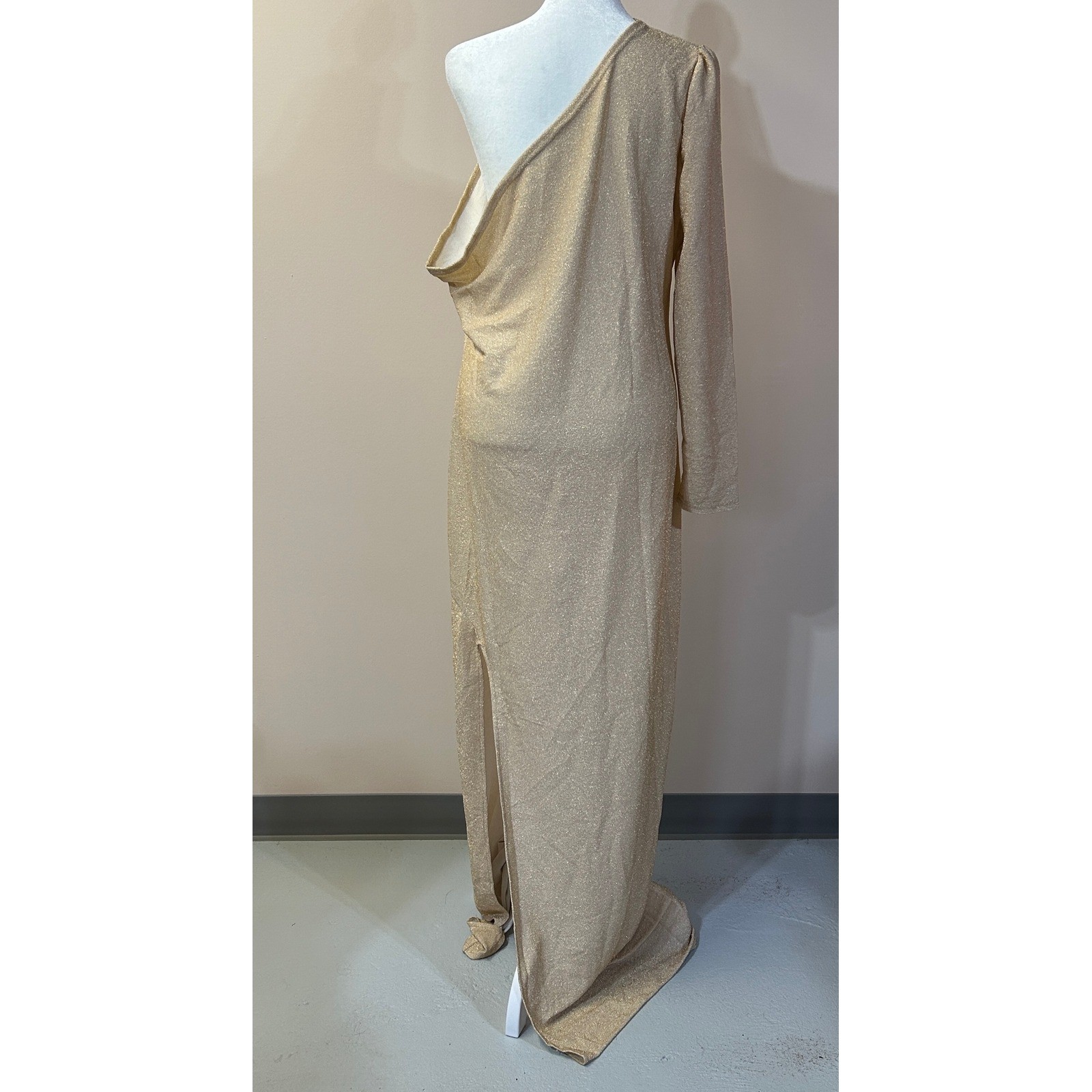Gold Metallic One Shoulder Maxi Dress Side Slit Shimmer Gown XL Formal Gala Prom
