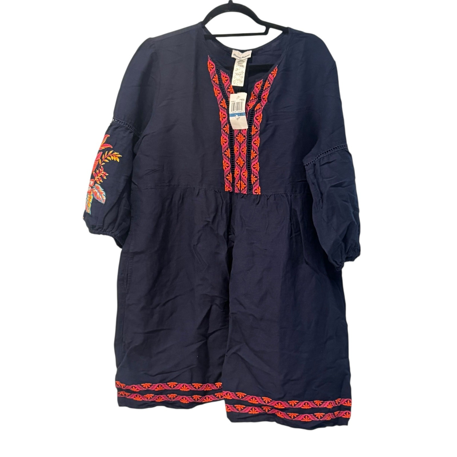 Tommy Bahama Tropical Embroidered Split-Neck Dress in Mare Navy Size L NWT