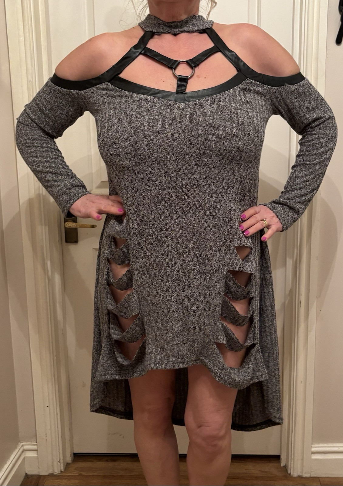 Nextmia Fit & Flare Hi Low HemLine Grey + Black Edges Quirky Neck Dress Size 18