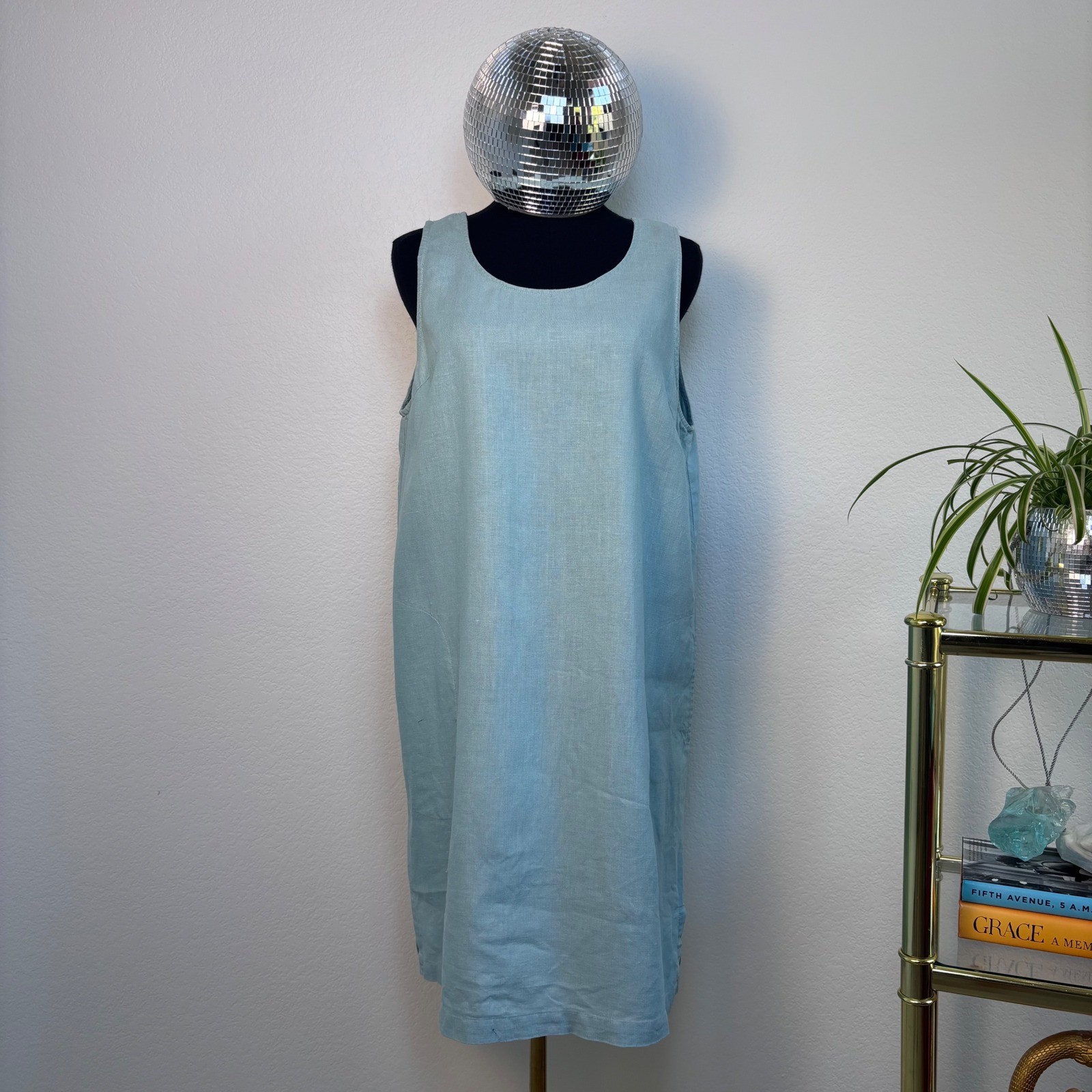 Cotton Connection 100% Linen Sleeveless Shift Dress, Blue Large, Natural Fibers