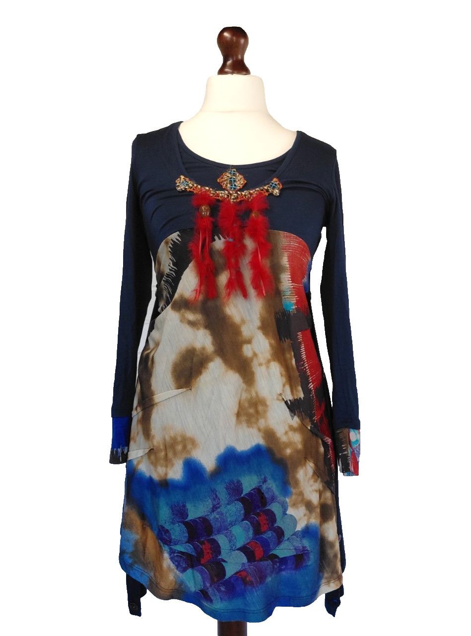 Save The Queen Dress Medium Colourful Abstract Slight Stretch Feather Detail