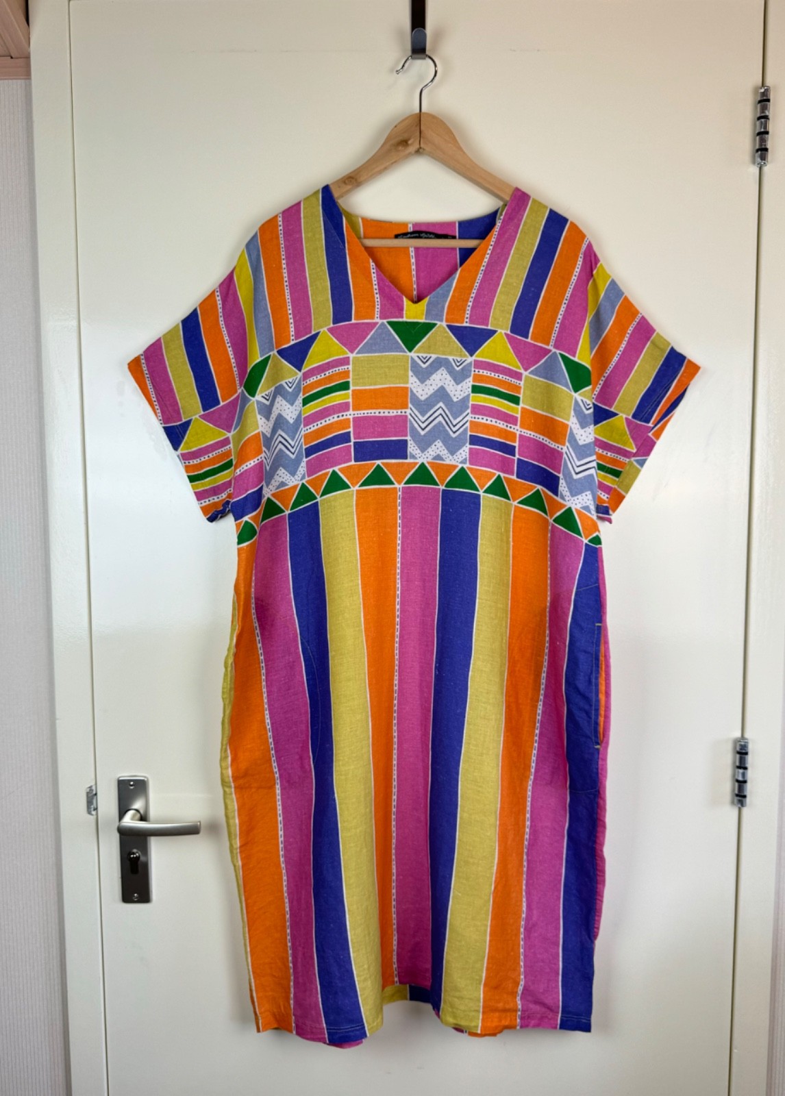 GUDRUN SJODEN Linen Multicolor Cheerful Dress Kaftan Ikat Geometric Sundress L
