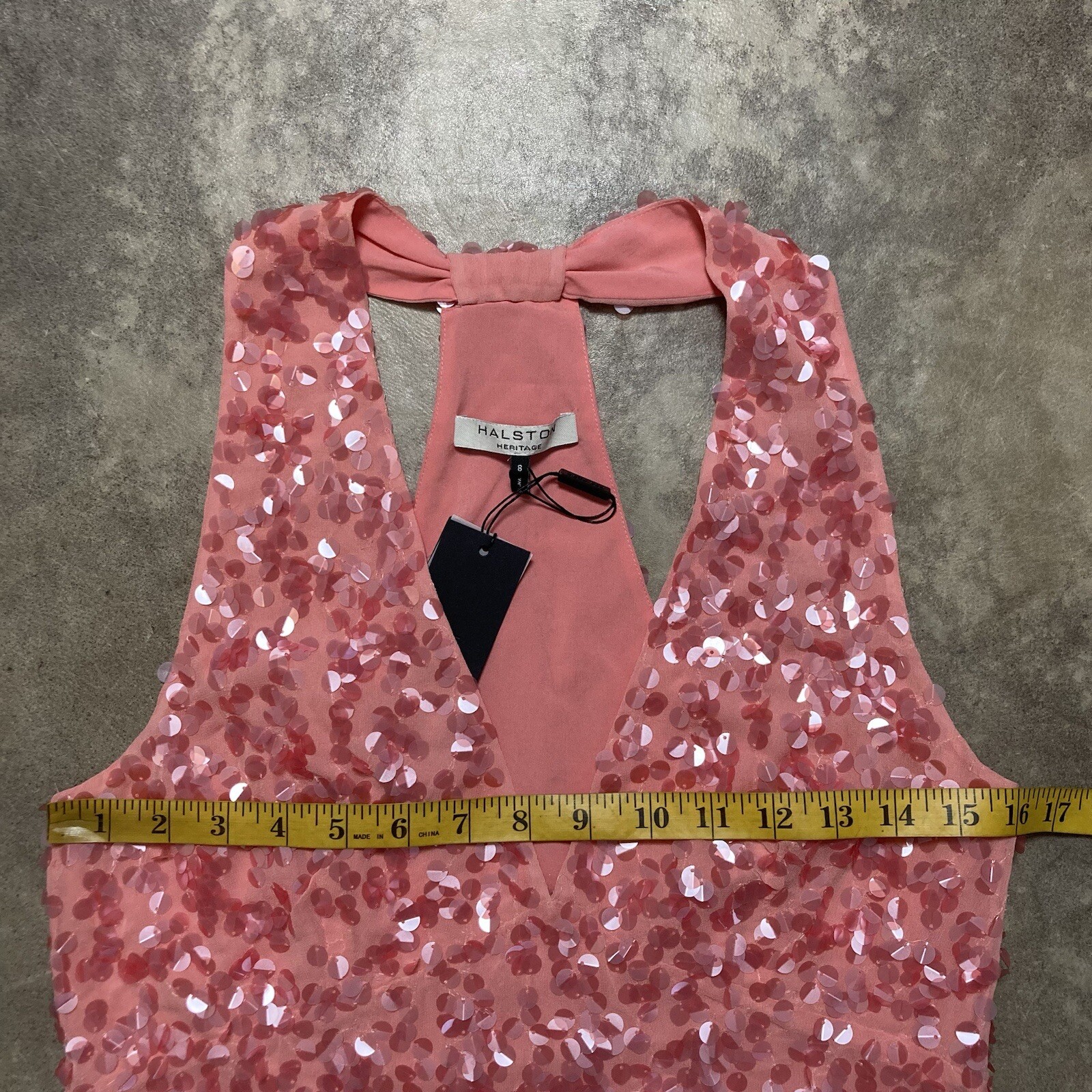 Halston Heritage Dress Womens 8 Parfait Pink Sequin T Back Shimmy Halter Party