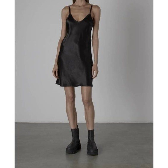 ENZA COSTA Satin Bias Mini Slip Dress Womens Large Black Viscose Strappy Tank