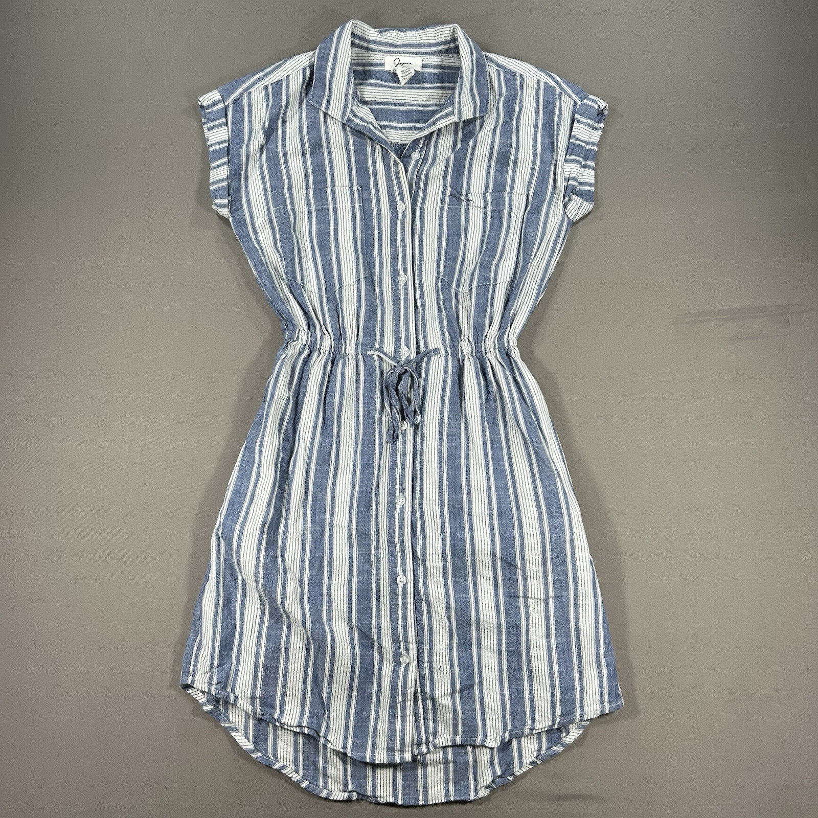 Japna Blue Cotton Dress Button Women XS Tie Elastic Waist Resort Beach Nautical