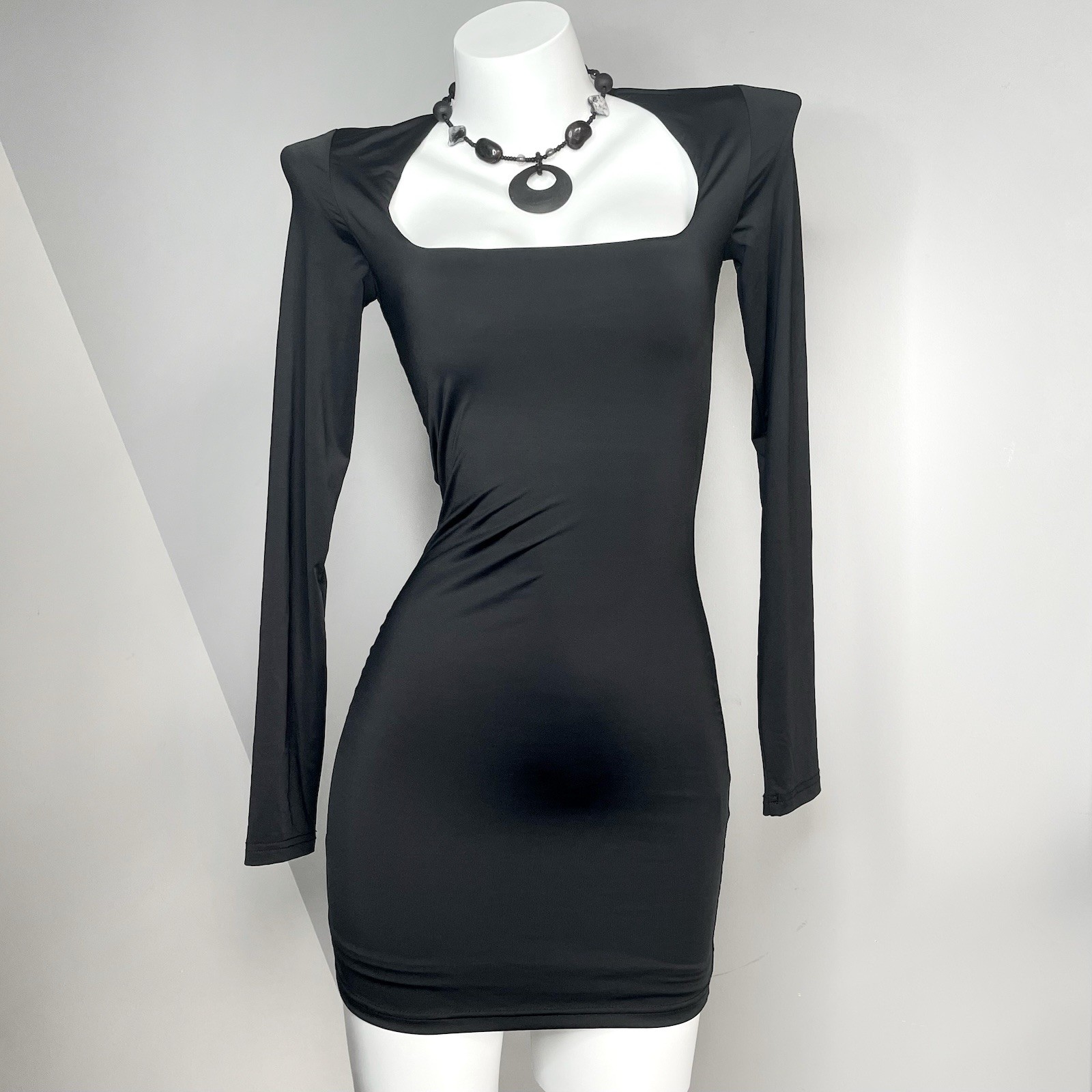 Princess Polly Black Long Sleeve Square Neck Bodycon Mini Dress Size 4