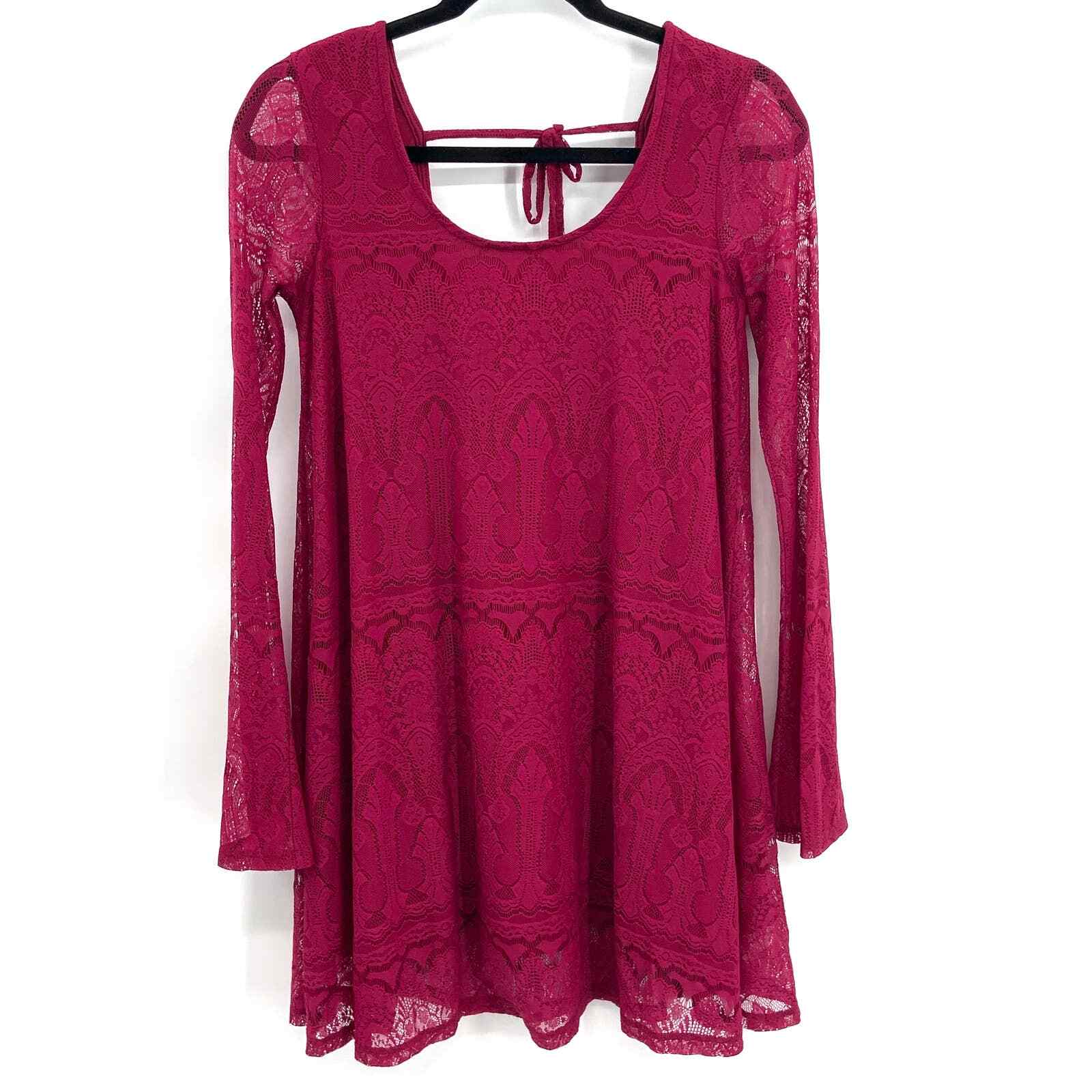 ALTAR’D STATE Burgundy Lace Scoop Neck Back Tie Long Sleeve Shift Dress Small