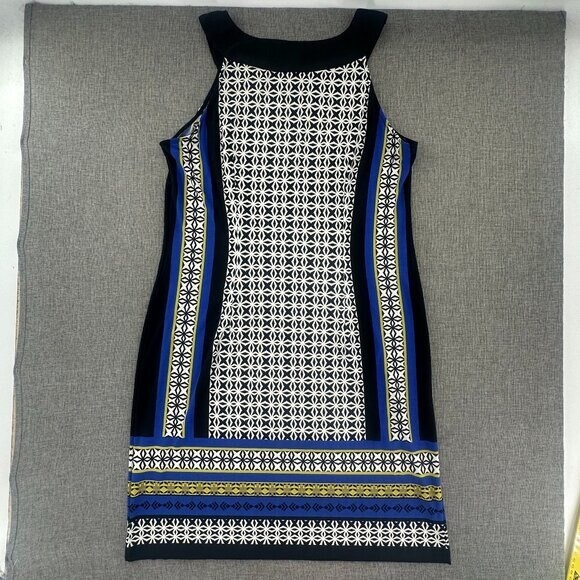 Dressbarn Sheath Dress Size 12 Black Blue White Yellow Sleeveless Round Neck