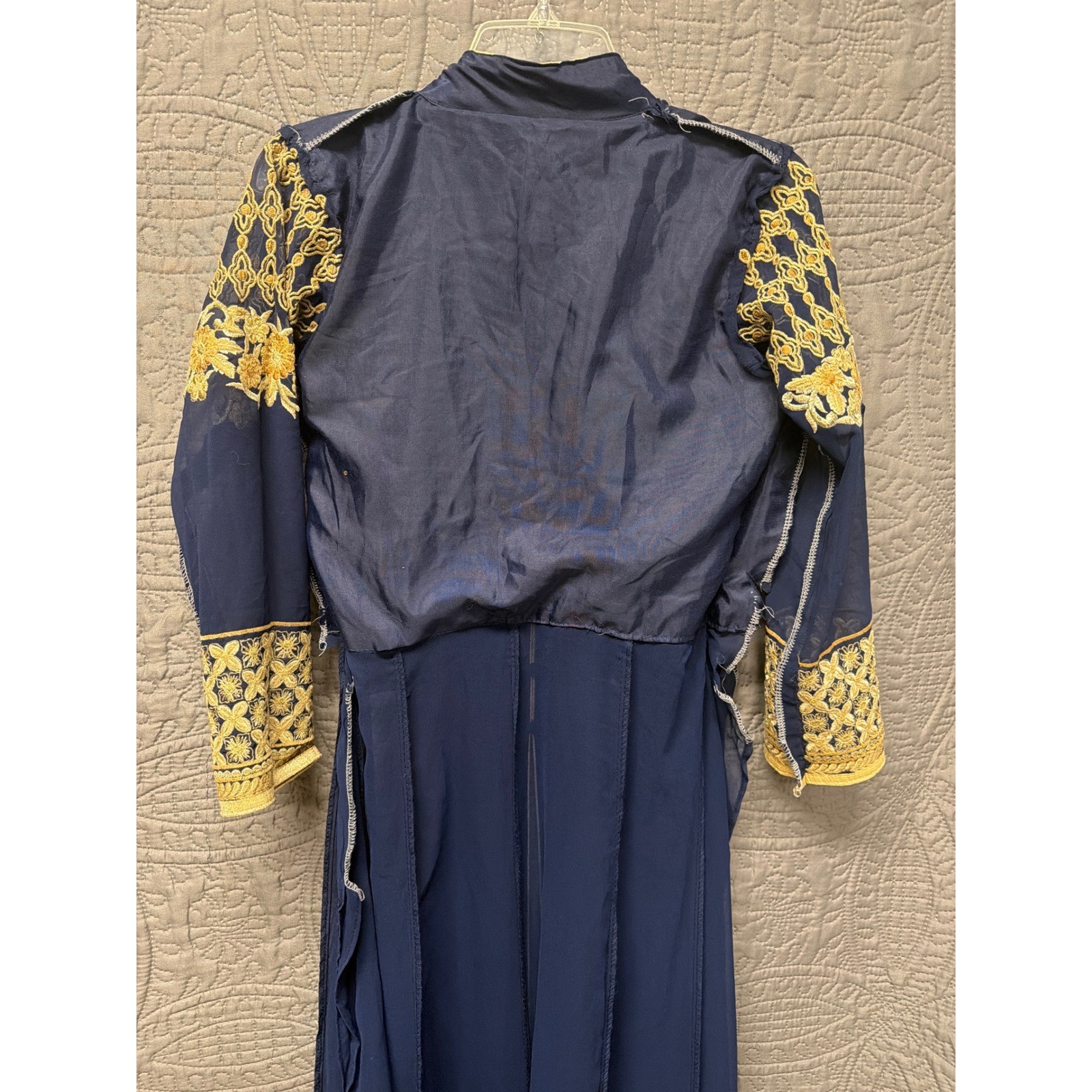 Navy Blue Gold Floral Embroidered Maxi Gown Mandarin Collar Side Zip Long Sleeve