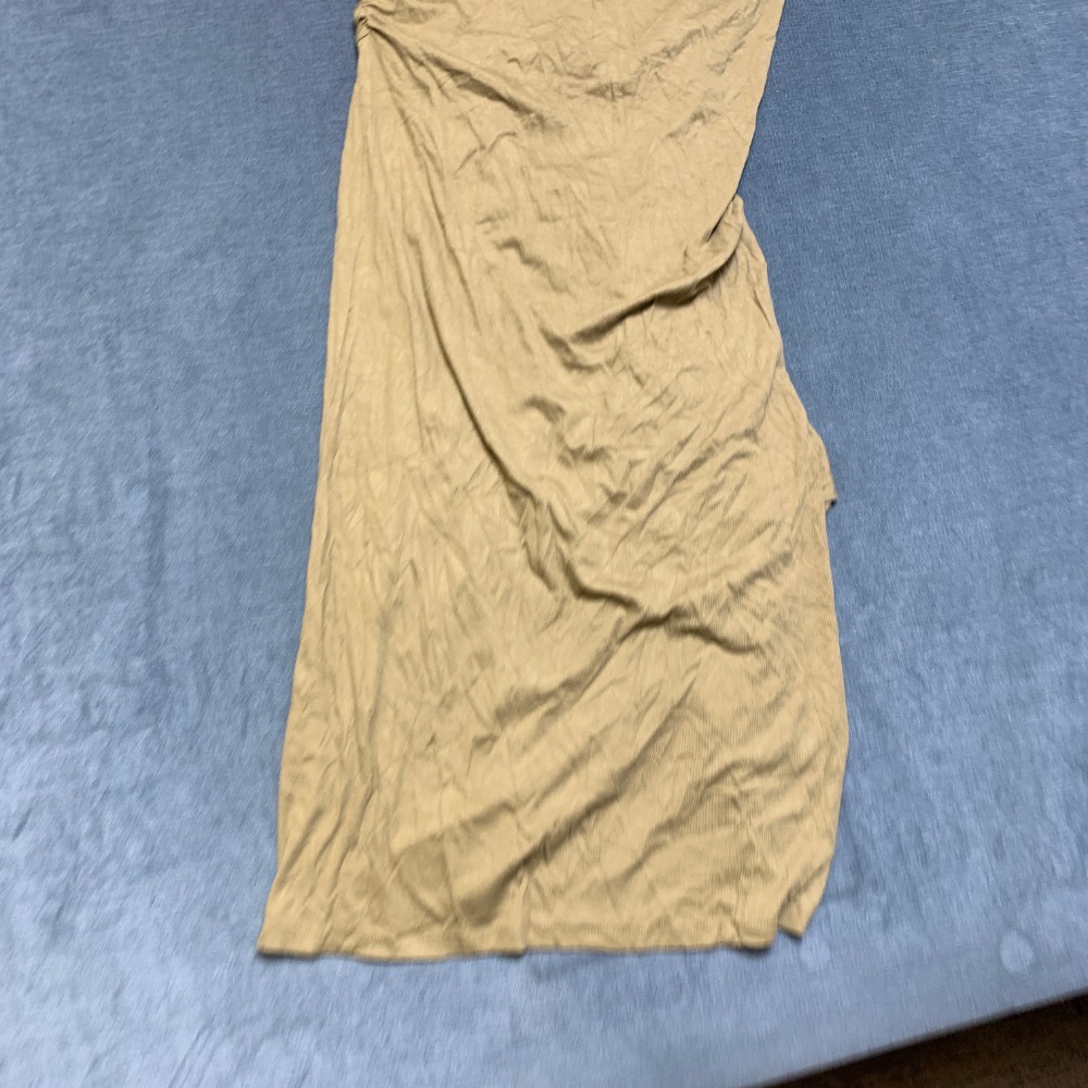 Micas Ruched Bodycon Dress Womens Large Khaki Asymmetric One Shoulder Front Slit