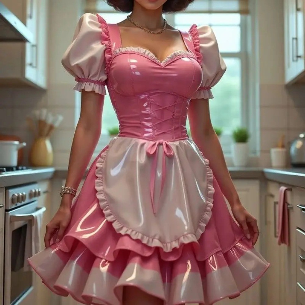 Pink PVC Maid Cosplay Party Short Evening Dress with Cuff Sleeve Mini Ball Gown
