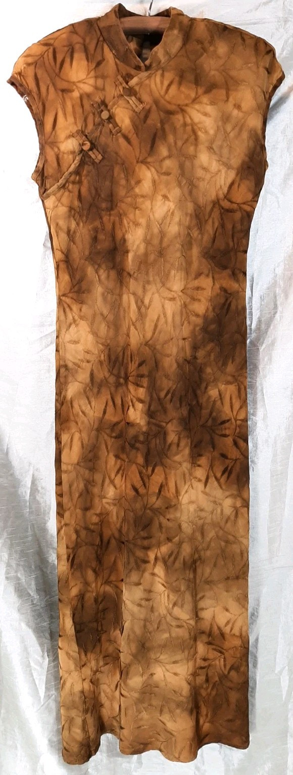 VTG MICHAEL BLAIR Sz14 Oriental Cheongsam Qipao Maxi Dress Mandarin Collar Brown