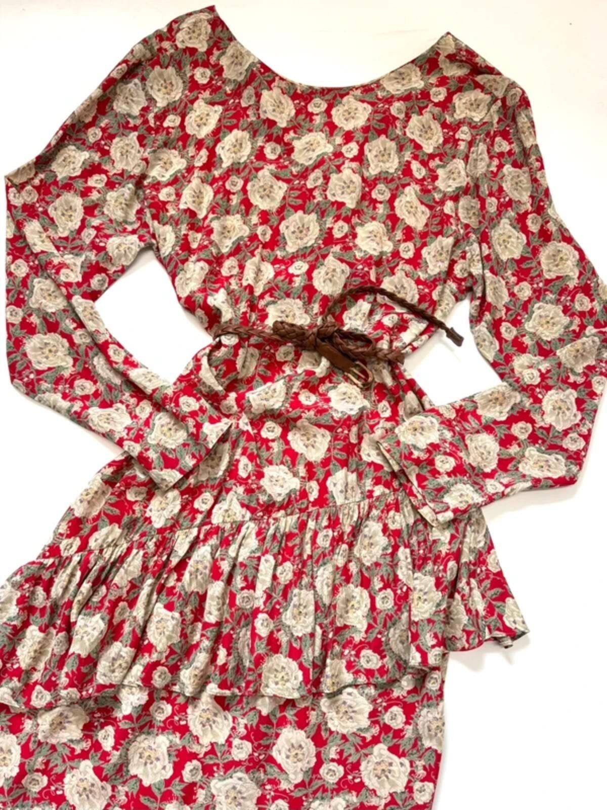 Vintage 80s Red Floral Ruffle Dress