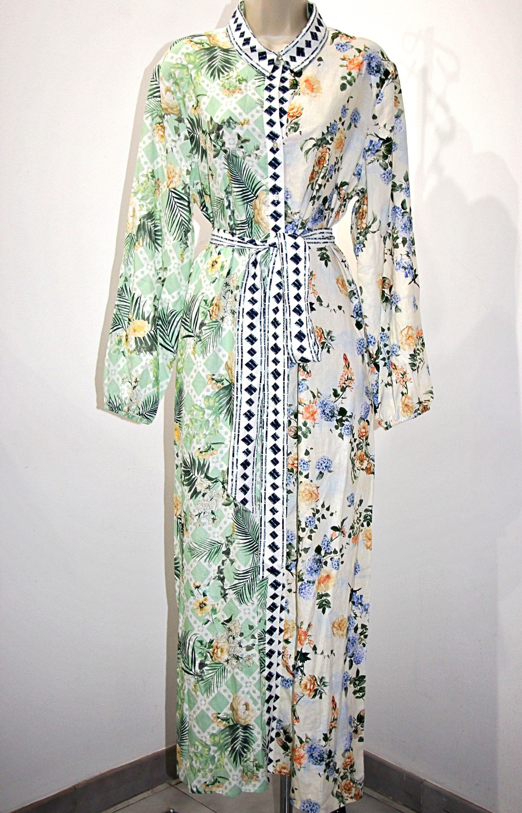 Magaschoni Linen Blend Button Front Pockets Belted Maxi Shirt Dress sz L $228